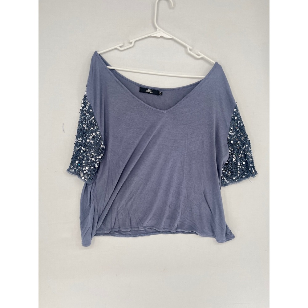 BKE Boutique Sequin Sleeve V-Neck Top Blue Gray Cotton Rayon Blend XL